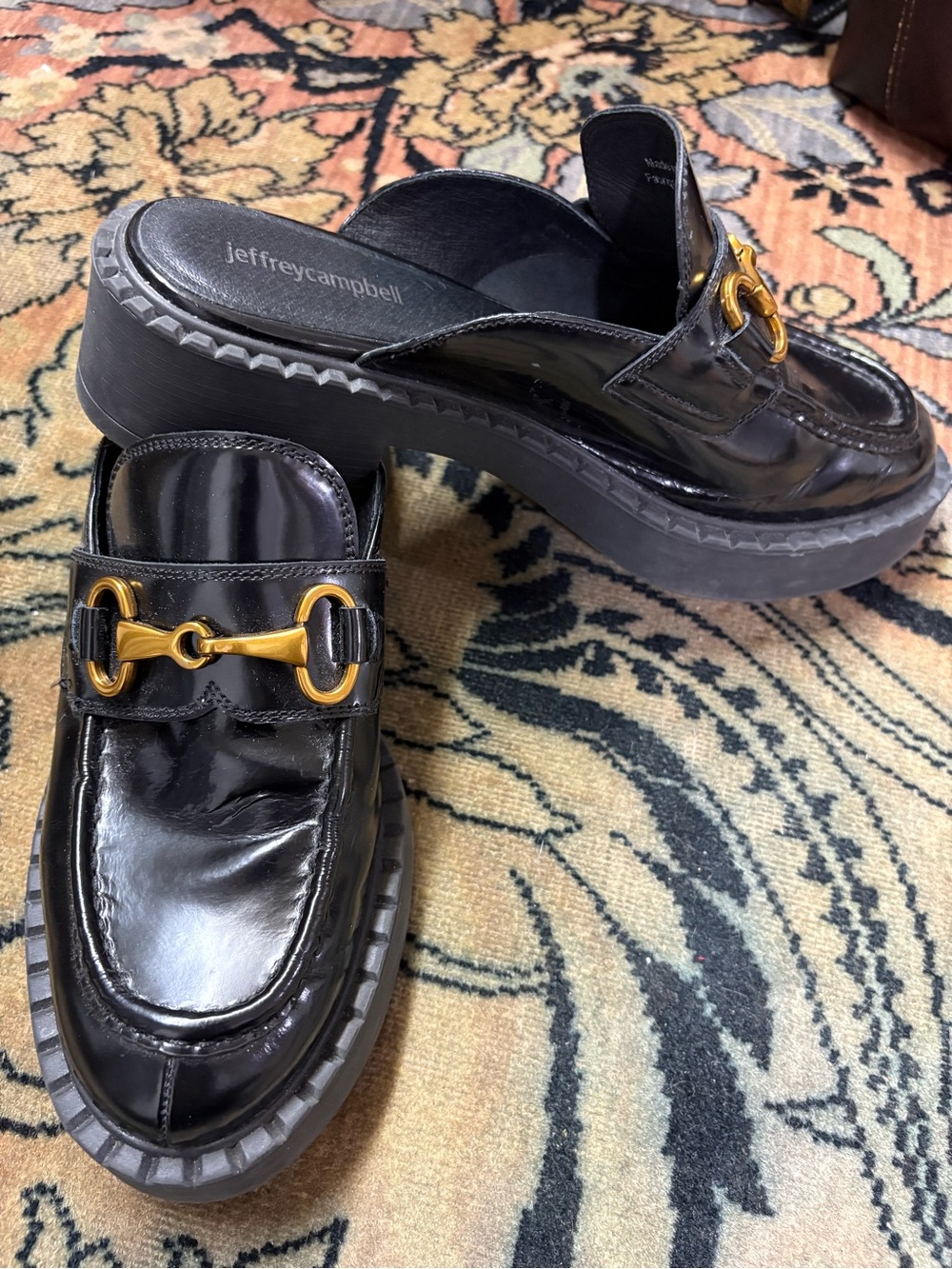 Jeffrey Campbell Black Patent Leather Mule Loafers with Gold Hardware - Picture 4 of 6